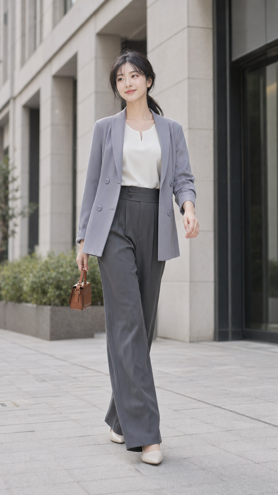 Look 01 直筒褲通勤基礎公式：深灰直筒西裝褲、白色 V 領上衣與深藍西裝外套。