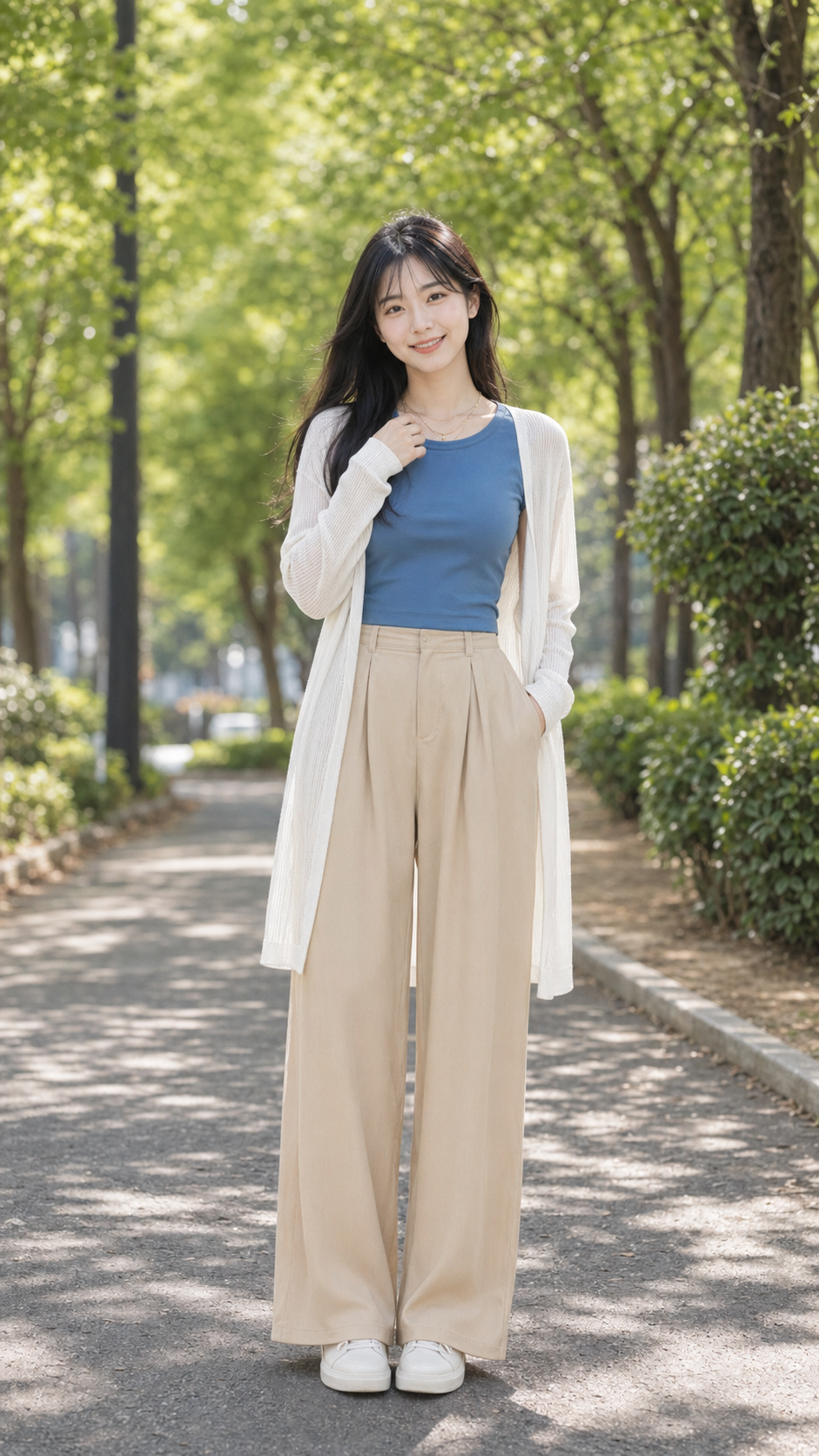 Look 02 柔挺寬褲變奏：卡其杏麻花落地寬褲、霧藍上衣與象牙白長版罩衫。